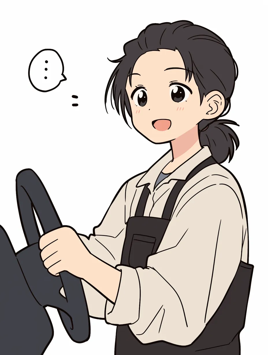 親しみやすいトラック運転手｜優しい笑顔が特徴的なこのトラック運転手は、ラフな雰囲気の作業着とエプロン姿が温かみを感じさせる。髪をまとめた自然なスタイルが柔らかい印象を与え、ゆったりしたシルエットの服装が快適さを表現している。作業の合間に軽く会話を交わすような、親しみやすい雰囲気が魅力的だ。