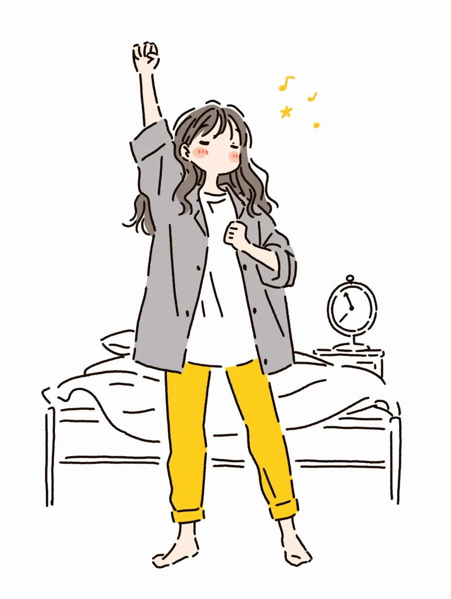起きる少女の目覚め｜柔らかい筆致とシンプルな線で、まだ少し眠そうに起きる少女を描く。落ち着いたトーンの色合いが、心地よい朝のひとときを演出。