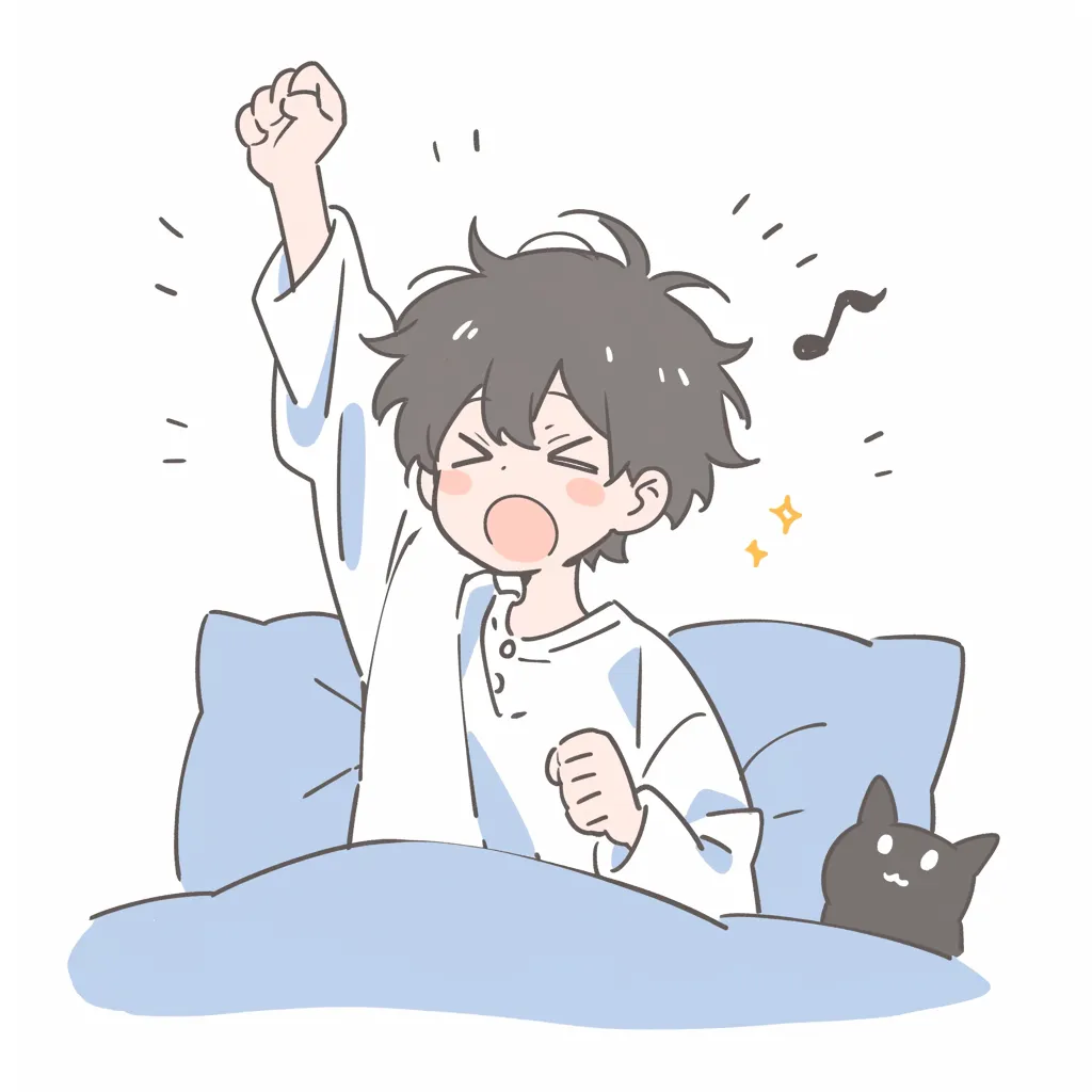起きる少年と猫｜ふんわりとしたパステルカラーで、ベッドの上で伸びをする少年と猫が描かれている。起きる瞬間のまだ眠そうな表情が愛らしく、癒しのある雰囲気。