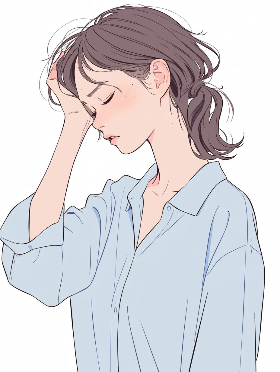 目覚めた女性と青いシャツ｜細やかな線とナチュラルな色合いが特徴。寝起きのまだ覚めきらない様子を、髪の乱れや軽く閉じた目元で表現している。