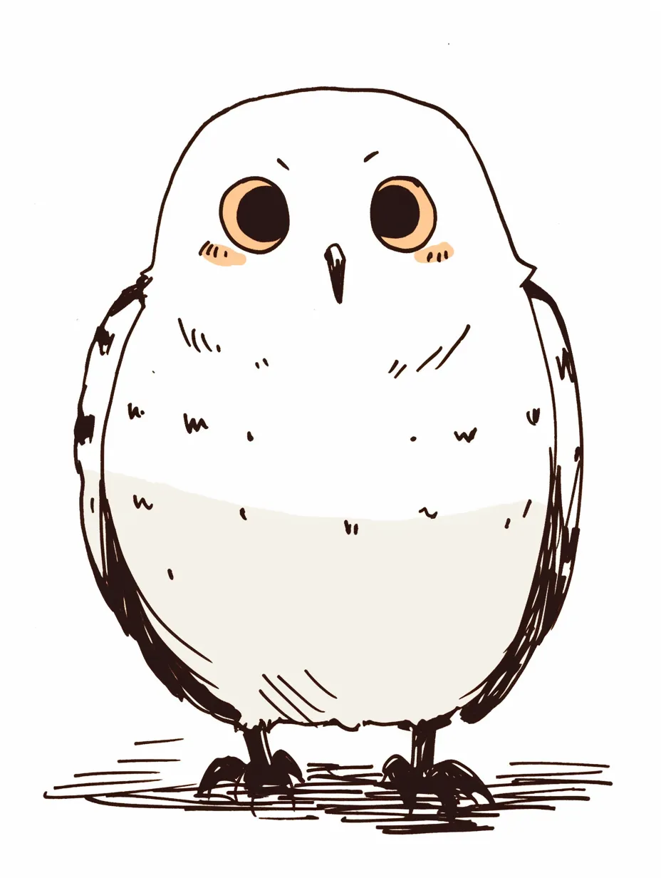 見つめる白フクロウのぬくもり線画｜大きな瞳でじっと見つめる白フクロウを温かみのある線で描写。控えめな色使いと柔らかい陰影が「白フクロウ」の優しさを自然に引き立てています。