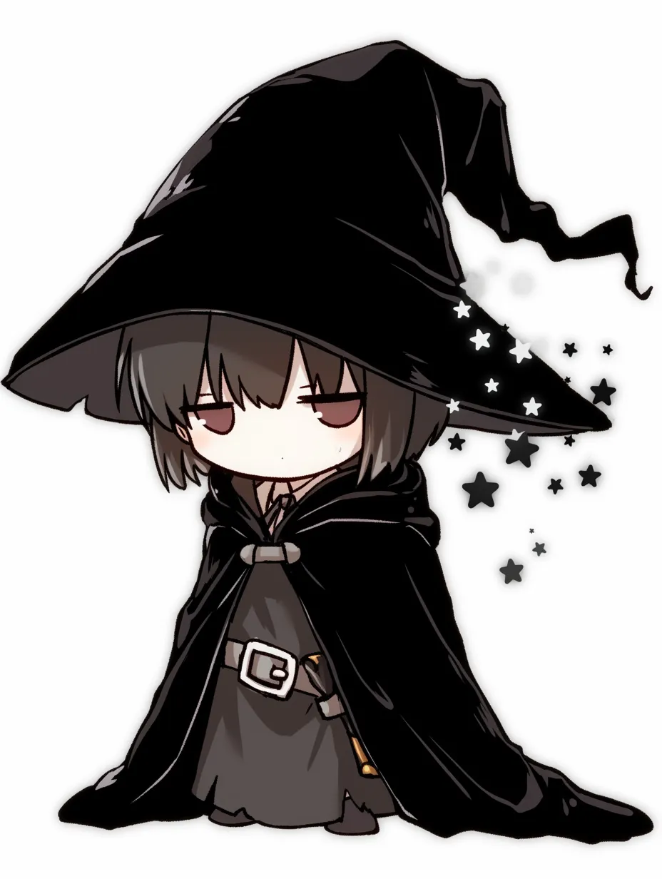 黒衣の魔女服装の少年｜闇に溶け込むような黒のローブと大きな帽子を身に着けた少年。光を反射する帽子の質感が独特で、シンプルながらも存在感のある魔女服装が特徴的。静かに何かを見つめるような表情が印象的。
