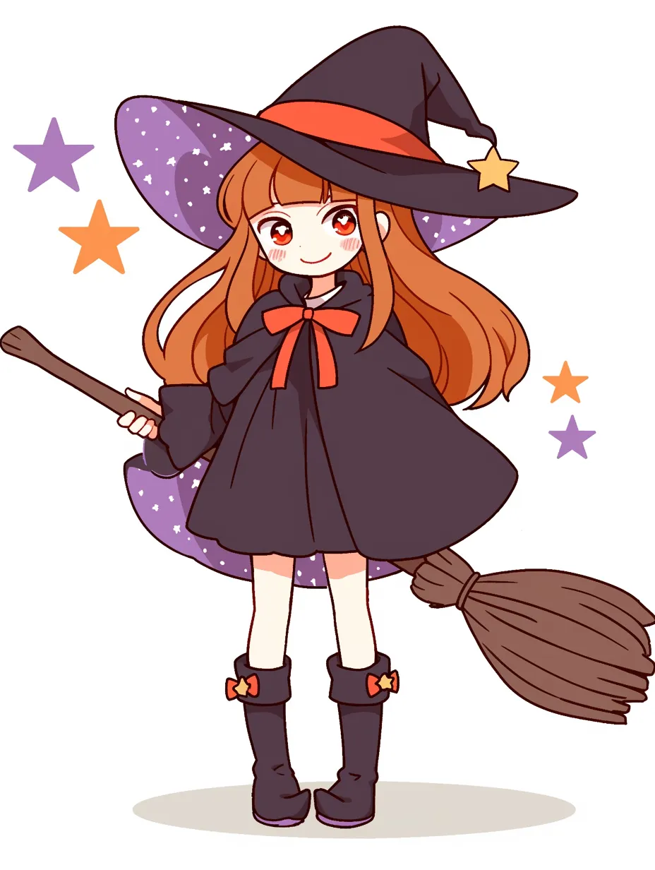 元気いっぱいの魔女っ子｜鮮やかなオレンジの髪に、赤いリボンがアクセントとなった魔女っ子。大きな笑顔と、堂々とした立ち姿が、自信に満ちた性格を表している。ほうきを握る手からも、強い魔力を持っていることが伝わってくる。