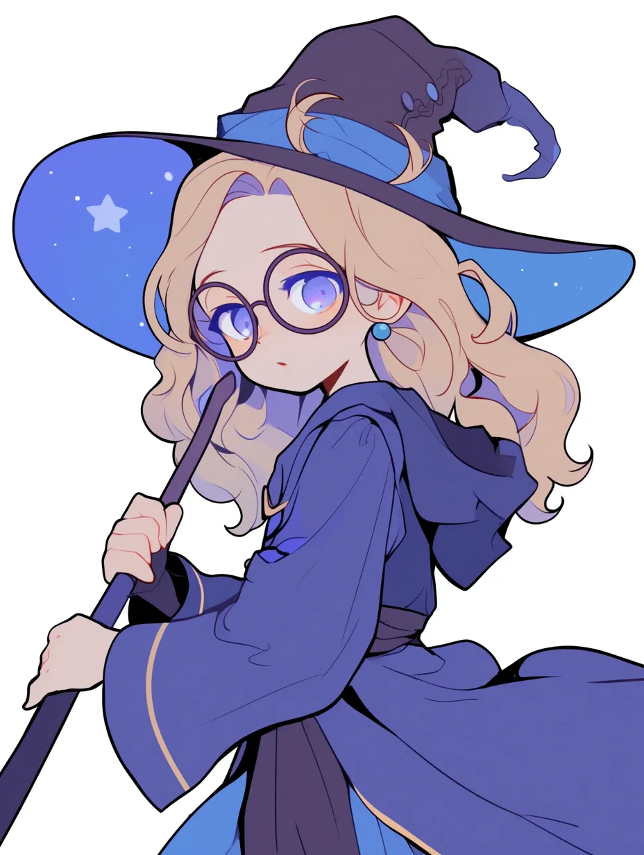 眼鏡の少女魔法使いと魔女帽子｜青い魔女帽子とマントをまとった眼鏡の少女が、魔法の杖を手に持ち、知的な雰囲気を漂わせている。深い青の色合いが夜空を思わせ、星の装飾が魔法の世界観を引き立てている。