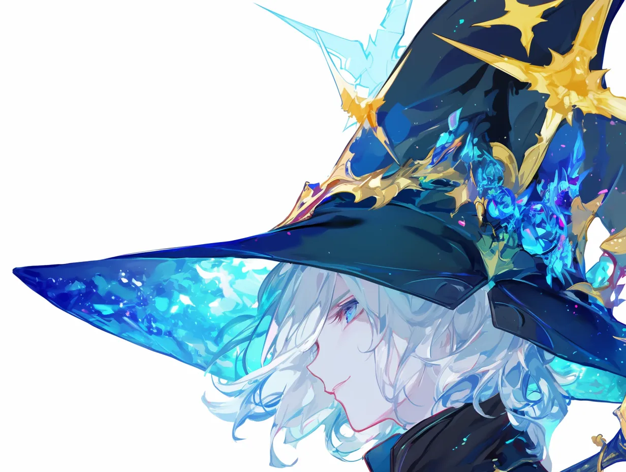 蒼氷の魔法使い帽子をまとう少年｜青と金の幻想的な魔法使い帽子をかぶった少年の横顔が描かれている。帽子には氷のように透き通る装飾が施され、魔法の力が輝いているかのような印象を受ける。白銀の髪と赤い瞳が幻想的な雰囲気を高め、静かに魔法の世界を見つめているように感じられる。